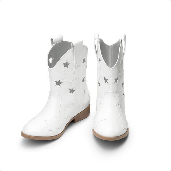 Girls White  Cowgirl Mid Calf Glitter Western Boots Toddler Star  Riding Shoes - Picture 5 of 6